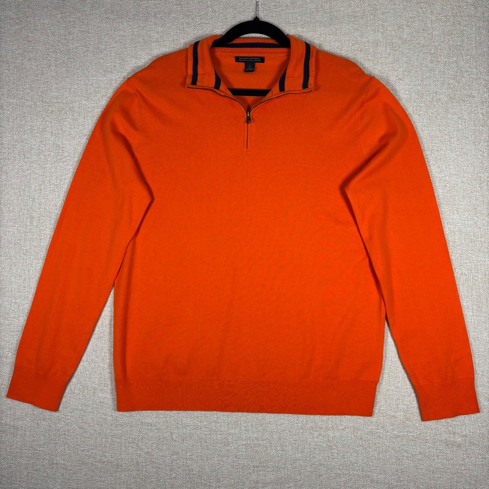 Banana Republic Mens Large Orange Cotton Cashmere Quarter Zip Sweater Striped